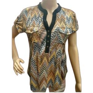 New Directions Shirt Size PM Brown Short Sleeve Henley Pockets Preppy Office